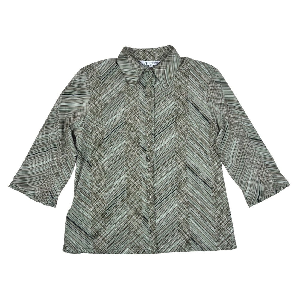 TT Tung Tai Women's Green Button Down Shirt 3/4 Sleeve Geometric Print Size L